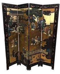 Vintage Chinese Hand Painted Black Lacquer 4-Panel Screen (Double-Sided) - #SW