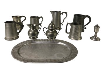 Collection Of Pewter Steins, Serving Tray, Sugar & Creamer - #S2-2