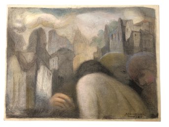 1987 Signed A. Neumark Urban Figurative Pastel On Paper - #S11-6