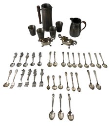 Collection Of Silver Plate & Pewter Flatware, Pitchers & Cups, Sugar & Creamer Set - S16-5