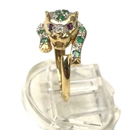 14K Yellow Gold Emerald, Ruby & Diamond Leopard Ring (Size 7) - #JC-B