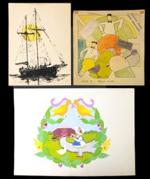 Book Illustration On Paper, Pen & Ink Ship And Mixed Media Illustrations By Paula Shaw - #S8-4