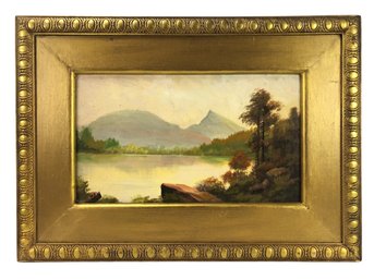 Framed Lakeside Mountain Landscape Oil On Board Painting, Signed - #C2