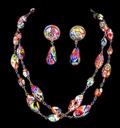 Vintage Italian Millefiori Beaded Necklace & Clip-On Earring Set - #JC-L