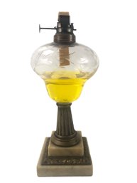 Antique Etched Glass Oil Lamp With Brass & Marble Base - #S8-2