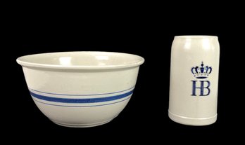 Blue Stripe Stoneware Mixing Bowl & German Hofbrauhaus Stoneware Beer Stein - #S4-3