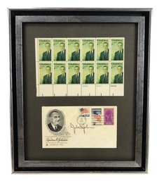 Framed Lyndon B. Johnson 8-Cent Postage Stamp Plate Block & 1965 Inauguration First Day Cover - #C3