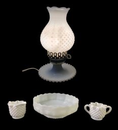 Anchor Hocking Serving Dish, White Hobnail Milk Glass Table Lamp, Creamer & Sugar - #S17-2