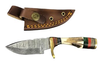 Damascus Steel Miniature Hunting Knife With Carved Bone Handle & Leather Sheath (NEW) - #S13-2