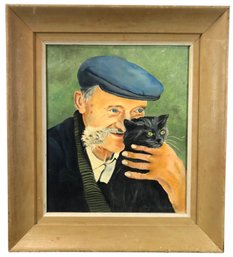 1970 Portrait Oil On Board Painting 'Old Man And Cat,' Signed Hazel Hitchin - #B1