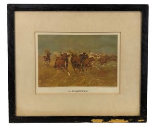 'A Stampede' Framed Chromolithograph, Copyright 1895 By Gean Smith - #B-3