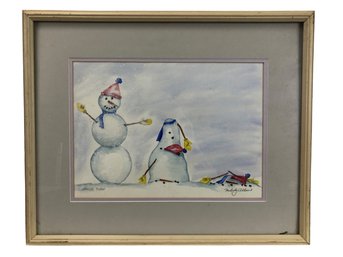 'Spring Thaw' Snowman Landscape Watercolor Painting, Signed Melody Allen - #B-3