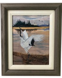 Japanese Red-Crowned Crane Oil On Canvas Landscape Painting, Signed - #A1