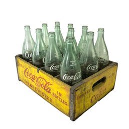 Vintage Yellow Coca Cola Family Size Wood Crate With Glass Soda Bottles - #S3-4
