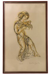 Girl Holding A Bird Limited Ed. Lithograph No. 147/250, Madeleine Scellier (France, B. 1928-) - #B3