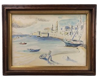 1956 European Boat Harbor Watercolor Painting, Signed - #A8