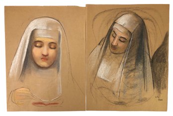 Mid-Century Nun Pastel Portrait Drawings - #S9-2