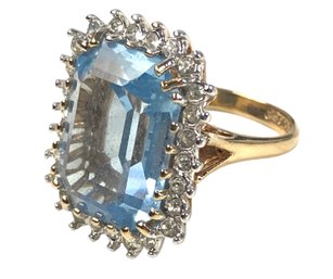 18K HGE Gold Plate Simulated Blue Topaz & Diamond Cocktail Ring (Size 8-1/4) - #JC-B