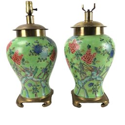 Japanese Hand Painted Floral & Bird Porcelain Table Lamps (Set Of 2) - #W1