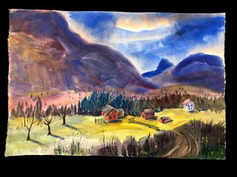 Mountain Valley Landscape Watercolor Painting, Signed D. Leslie - #S11-5