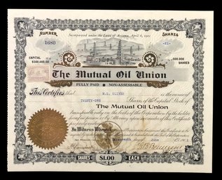 1902 The Mutual Oil Union Stock Certificate - #S18-1
