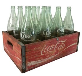 Vintage Red Wood Coca Cola Crate With 12 Glass Coca Cola Bottles - #S7-1
