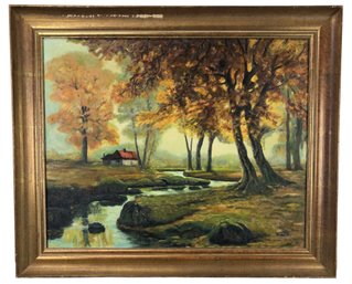 Signed Countryside Landscape Oil On Canvas Painting - #SW-6