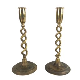 19th Century English Barley Twist Brass Candlesticks - #S8-2