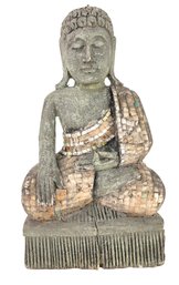 Carved Wood Khmer Style Meditating Buddha Garden Statue With Mosaic Tiles - #S10-1