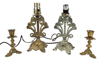 Antique Art Nouveau Brass Candlesticks & Metal Table Lamps - #S9-1