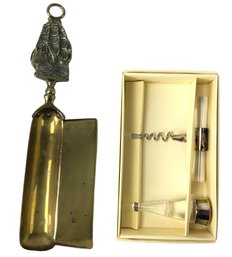 Vintage Brass Crumb Tray & Calvin Klein Acrylic/Silverplate Corkscrew & Wine Stopper Set - #FS-2
