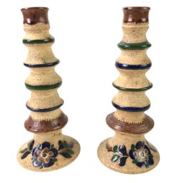 Vintage Mexican Tonala Pottery Handcrafted Candlesticks (Set Of 2) - #S10-2