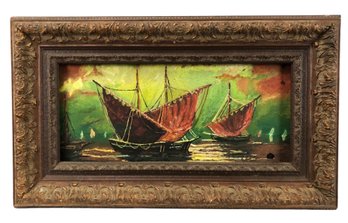 Framed Chinese Junk Ship Landscape Oil On Board Painting - #B-3