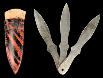 Damascus Steel Throwing Knife Blank Blades With Leather Sheath - #S14-2