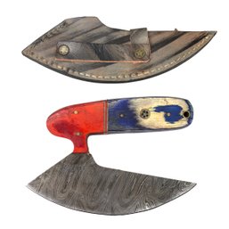 Damascus Steel Ulu Knife With Leather Sheath - #S13-1-18