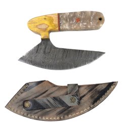 Damascus Steel Ulu Knife With Leather Sheath - #S13-1-24