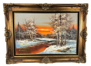 Winter Sunset Oil On Canvas Painting, Signed G. Whitman - #BR-4