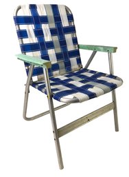 Vintage Blue & White Webbed Aluminum Folding Lawn Chair - #BR