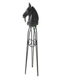 Black Stallion Horse Head Statue With Wrought Iron Tripod Stand - #S14-4