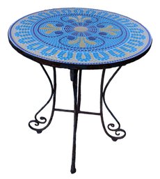 Blue & Yellow Mosaic Tile Top Wrought Iron Outdoor Bistro Table - #LSOB
