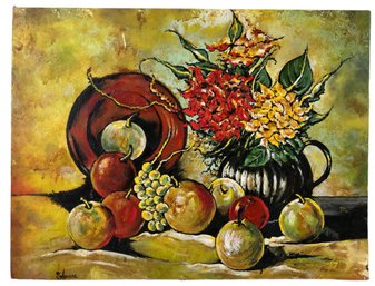 Apples & Flowers Still Life Palette Knife Oil On Board, Signed Salamone - #S27-1