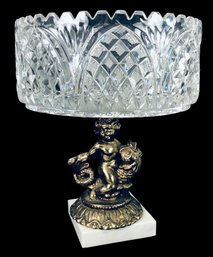 Cut Crystal Compote Dish With Cherub/ Koi Fish Brass & Marble Base - #S6-3