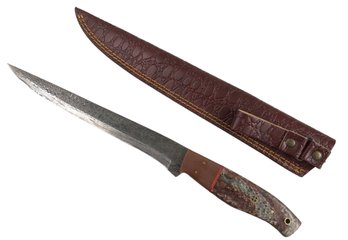 Damascus Steel Fillet Knife With Leather Sheath - #S