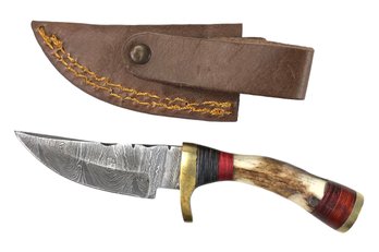 Damascus Steel Miniature Hunting Knife With Carved Bone Handle & Leather Sheath - #S13-1-4