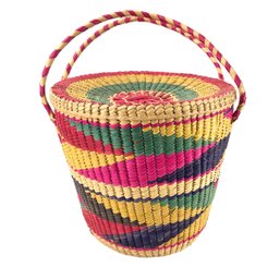 Vintage Multi-Color Wicker Lidded Storage Basket - #14-4