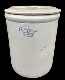 Antique Robinson Ransbottom 12 Gallon Blue Crown Stoneware Crock With Lid - #FF