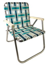 Vintage Blue & White Webbed Aluminum Folding Lawn Chair By Sunbeam - #BR