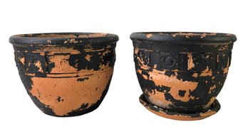 Pair Of 14-Inch Carved Stone Planter Pots - #S13-1