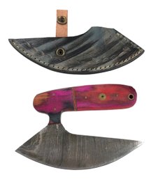 Damascus Steel Ulu Knife With Leather Sheath - #S13-2