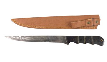 Damascus Steel Fillet Knife With Leather Sheath - #S13-1-3